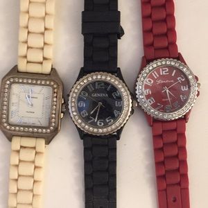 3 watches: Black, white, & red. By Geneva